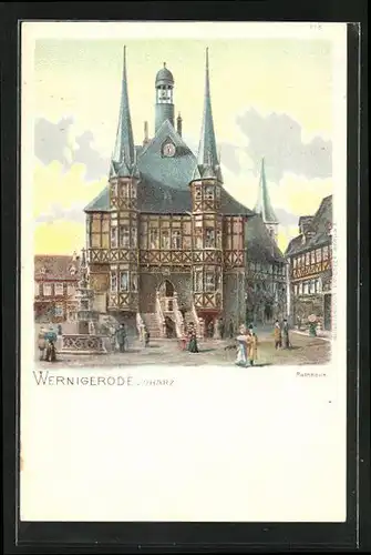 Lithographie Wernigerode, Rathaus im Sonnenschein
