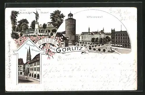 Lithographie Görlitz, Marienplatz, Untermarkt mit Peterskirche