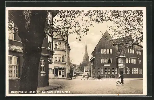 AK Delmenhorst, Strassenpartie mit Blick zur Katholischen Kirche