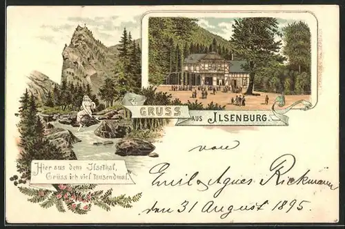 Vorläufer-Lithographie Ilsenburg a. H., 1895, Hotel-Restaurant Prinzess Ilse, Ilsethal