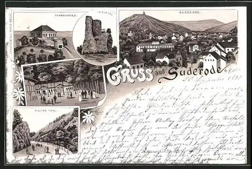Lithographie Suderode /Harz, Gasthaus Felsenkeller, Gasthaus Stubenberg, Kaltes Thal