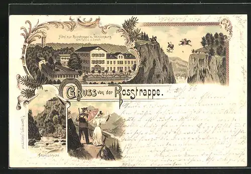 Lithographie Thale, Hotel zur Rosstrappe mit Winzenburg, Teufelsbrücke