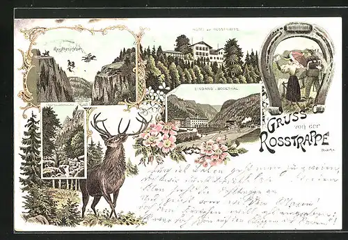 Lithographie Thale, Hotel zur Rosstrappe, Teufelsbrücke, Rosstrappenfelsen, Wanderer