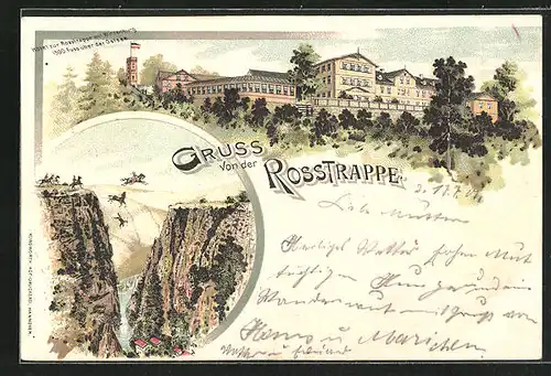 Lithographie Thale, Hotel zur Rosstrappe, Sprung vom Rosstrappenfelsen