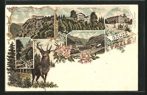 Lithographie Thale, Hotel zur Rosstrappe, Hotel Zehnpfund, Eingang ins Bodethal