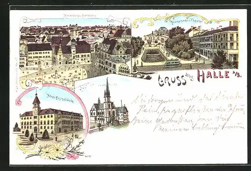 Lithographie Halle /Saale, Promenade und Theater, Neues Postgebäude