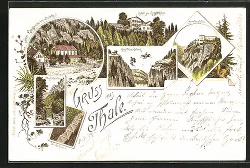 Lithographie Thale, Hotel Königsruhe im Bodethal, Hotel zur Rosstrappe, Schurre