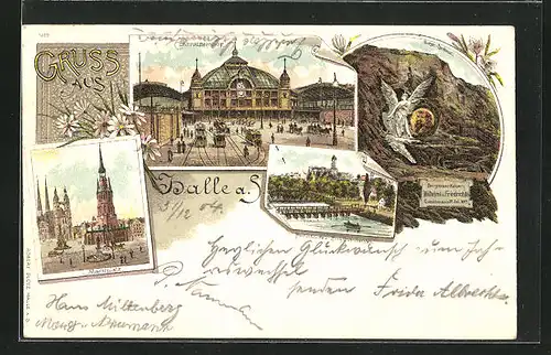 Lithographie Halle /Saale, Marktplatz, Centralbahnhof, Burg Giebichenstein