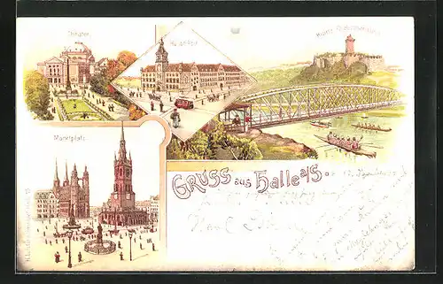 Lithographie Halle /Saale, Marktplatz, Haupt-Post, Burg Giebichenstein