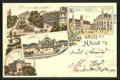 Lithographie Halle /Saale, Rathaus und Rathskeller, Centralbahnhof, Universität