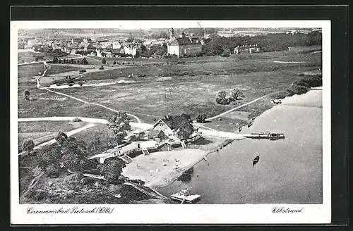 AK Pretzsch, Fliegeraufnahme vom Eisenmoorbad am Elbstrand