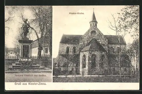 AK Kloster-Zinna, Denkmal Friedrich des Grossen und Kloster-Kirche
