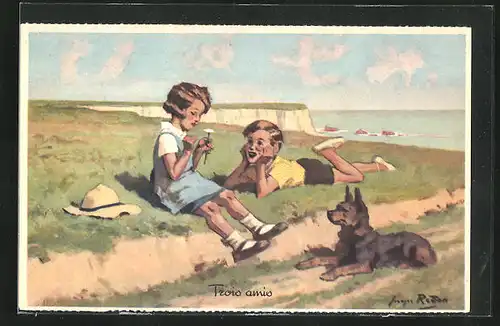 Künstler-AK sign. Georges Redon: Trois amis, Kinderpaar mit Hund