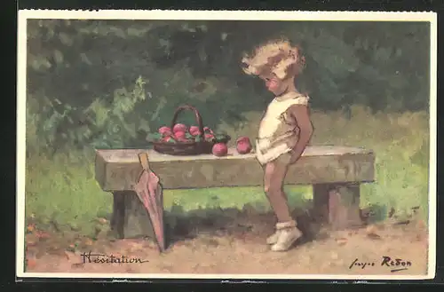 Künstler-AK sign. Georges Redon: Hesitation, Kind vor einem Obstkorb
