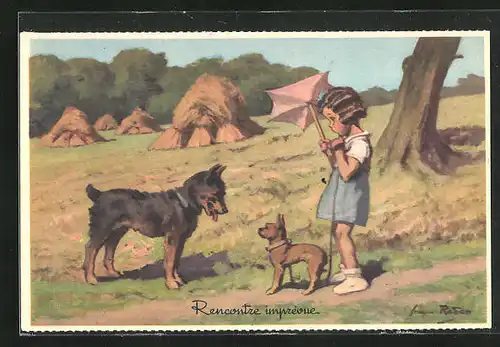 Künstler-AK sign. Georges Redon: Rencontre imprévue, Mädchen und zwei Hunde