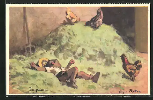Künstler-AK sign. Georges Redon: La pause, Schlafender Junge und Hühner