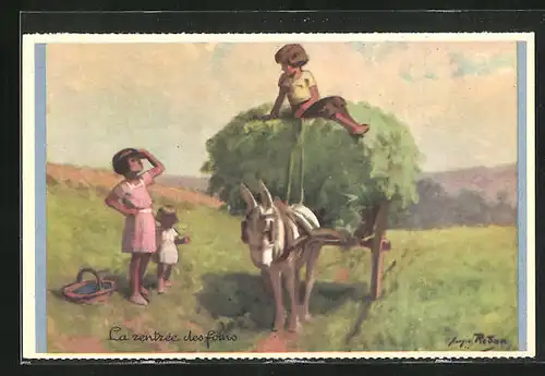 Künstler-AK sign. Georges Redon: La rentrée des foins, Bauernkinder mit Eselsgespann