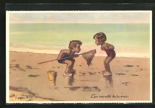 Künstler-AK sign. Georges Redon: Les secrets de la mer, Kinderpaar mit Kescher am Strand