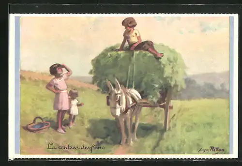 Künstler-AK sign. Georges Redon: La rentrée des foins, Bauernkinder mit Eselsgespann