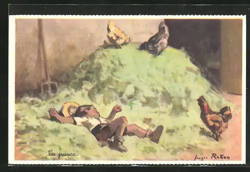 Künstler-AK sign. Georges Redon: La pause, Schlafender Junge und Hühner
