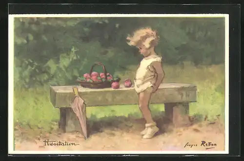 Künstler-AK sign. Georges Redon: Hesitation, Kind vor einem Obstkorb