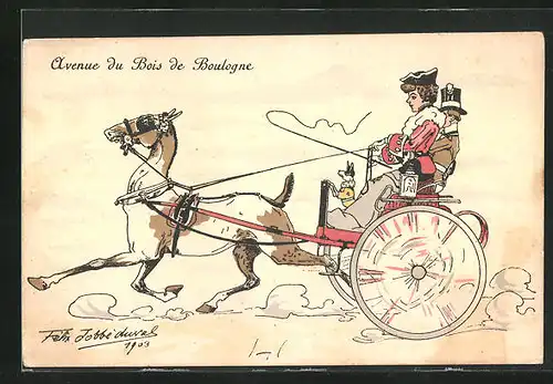 Künstler-AK sign. F. Dobbe-Duval: Avenue du Bois de Boulogne, Paar mit Pferdegespann