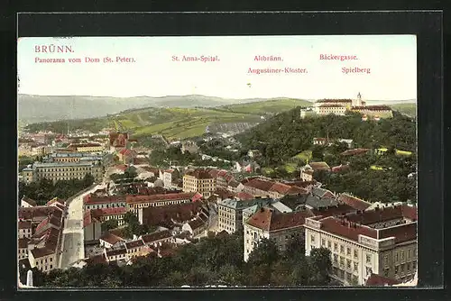 AK Brünn / Brno, Panorama vom Dom St. Peter mit St. Anna-Spital, Altbrünn und Bäckergasse
