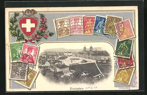 Passepartout-AK Einsiedeln, Totalansicht vom Ort, Wappen, Briefmarken