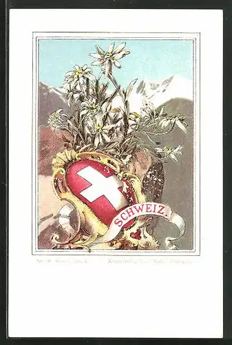 Lithographie Schweiz, Wappen der Nation und Edelweiss