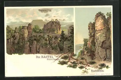 Lithographie Bastei / Sächs. Schweiz, Basteibrücke, Basteifelsen