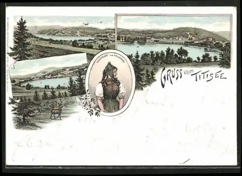 Lithographie Titisee, Teilansichten vom See und Volkstracht vom Höllenthal