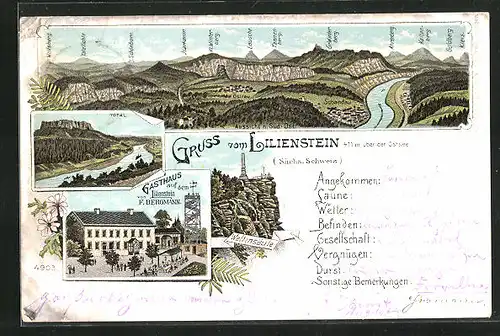 Lithographie Lilienstein, Gasthaus F. Bergmann, Gr. Winterbeg und Tafelfichte