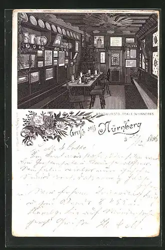 Lithographie Nürnberg, Innenansicht vom Restaurant Bratwurstglöcklein