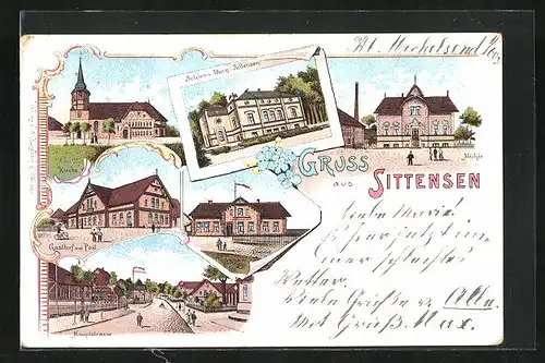 Lithographie Sittensen, Gasthof zur Post, Schloss-Burg, Hauptstrasse
