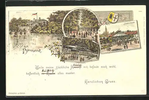 Vorläufer-Lithographie Pyrmont, 1895, Helenenquelle, Stahltrinkhalle, Schloss