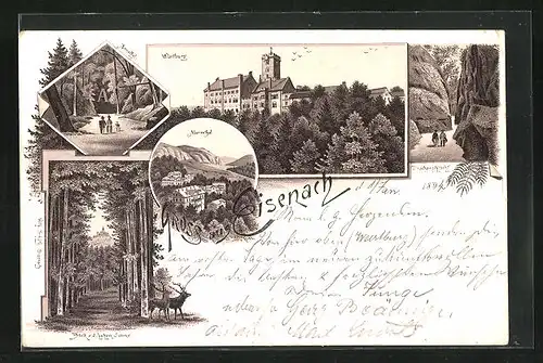 Vorläufer-Lithographie Eisenach, 1894, Wartburg, Drachenschlucht, Marienthal