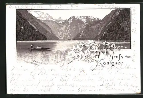 Vorläufer-Lithographie Königsee, 1894, Fähre auf dem See gegen Berggipfel