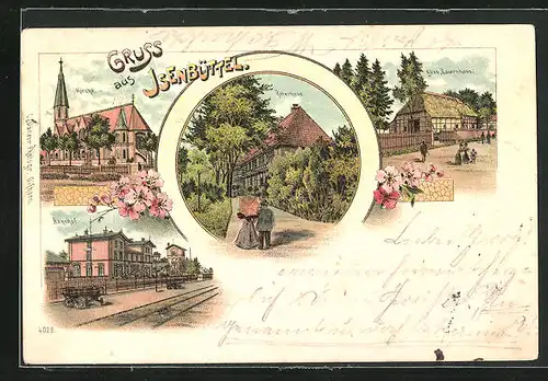 Lithographie Isenbüttel, Ritterhaus, Altes Bauernhaus, Bahnhof