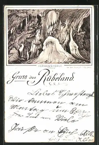 Vorläufer-Lithographie Rübeland, 1895, Tropfsteinformationen in der Hermanshöhle