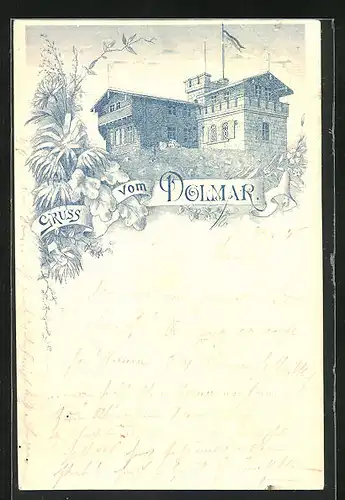 Vorläufer-Lithographie Dolmar, 1895, Gasthaus auf dem Gipfel