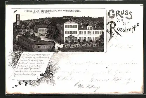 Vorläufer-Lithographie Thale, 1895, Hotel zur Rosstrappe mit Winzenburg