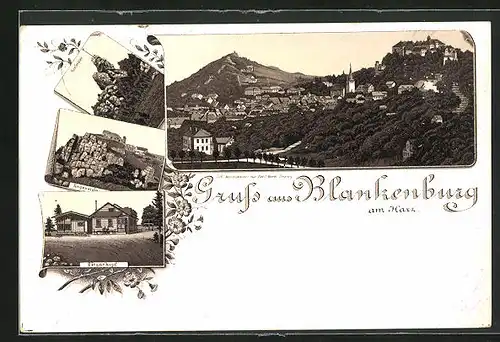 Vorläufer-Lithographie Blankenburg /Harz, 1895, Gasthaus auf dem Ziegenkopf, Regenstein, Ortsansicht