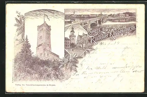 Vorläufer-Lithographie Rinteln, 1895, Blick über die Weserbrücke auf die Ortschaft, Klippenthurm