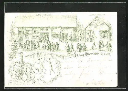 Lithographie Meissen / Oberfröhlich, Gasthaus Erbgericht und Gemeindeamt