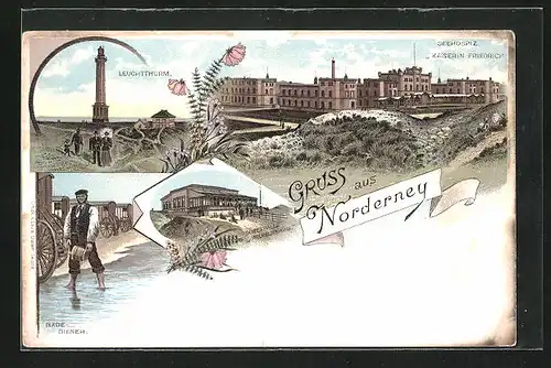 Lithographie Norderney, Gasthaus Wilhelmshöhe, SeehospizKaiserin Friedrich, Leuchtturm