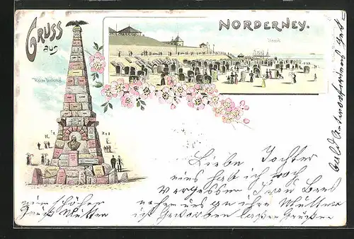 Lithographie Norderney, Strand mit Körben, Kaiser Denkmal