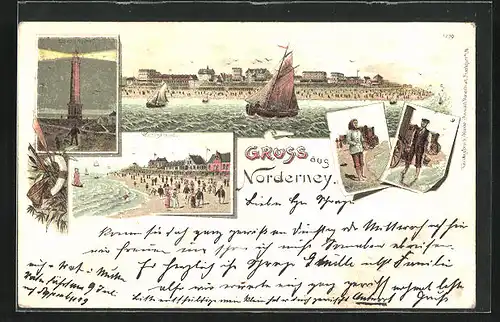 Lithographie Norderney, Westrand mit Passanten im Sommer, Leuchtturm am Abend, Strandansicht mit Segelbooten