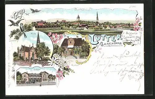 Lithographie Lutter a. Barenberg, Bahnhof mit Dampflok, Apotheke, Kirche