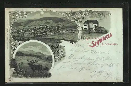 Mondschein-Lithographie Schwarza, Schloss Wernigerode, Hirsch mit Dolmans, Gesamtansicht