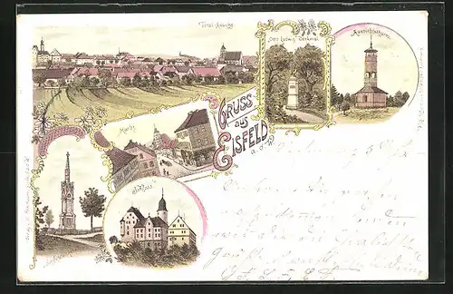 Lithographie Eisfeld a. d. W., Schloss, Otto Ludwig Denkmal, Aussichtsturm